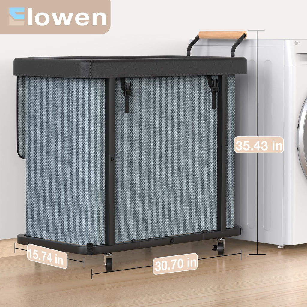 60 Gal (230L) Laundry Hamper 3 Section with Lid, Leather Patchwork Laundry Sorter with Rolling Lockable Wheels and Handle, Laundry Basket Organizer for Laundry Room, Bedroom and Bathroom - Gray