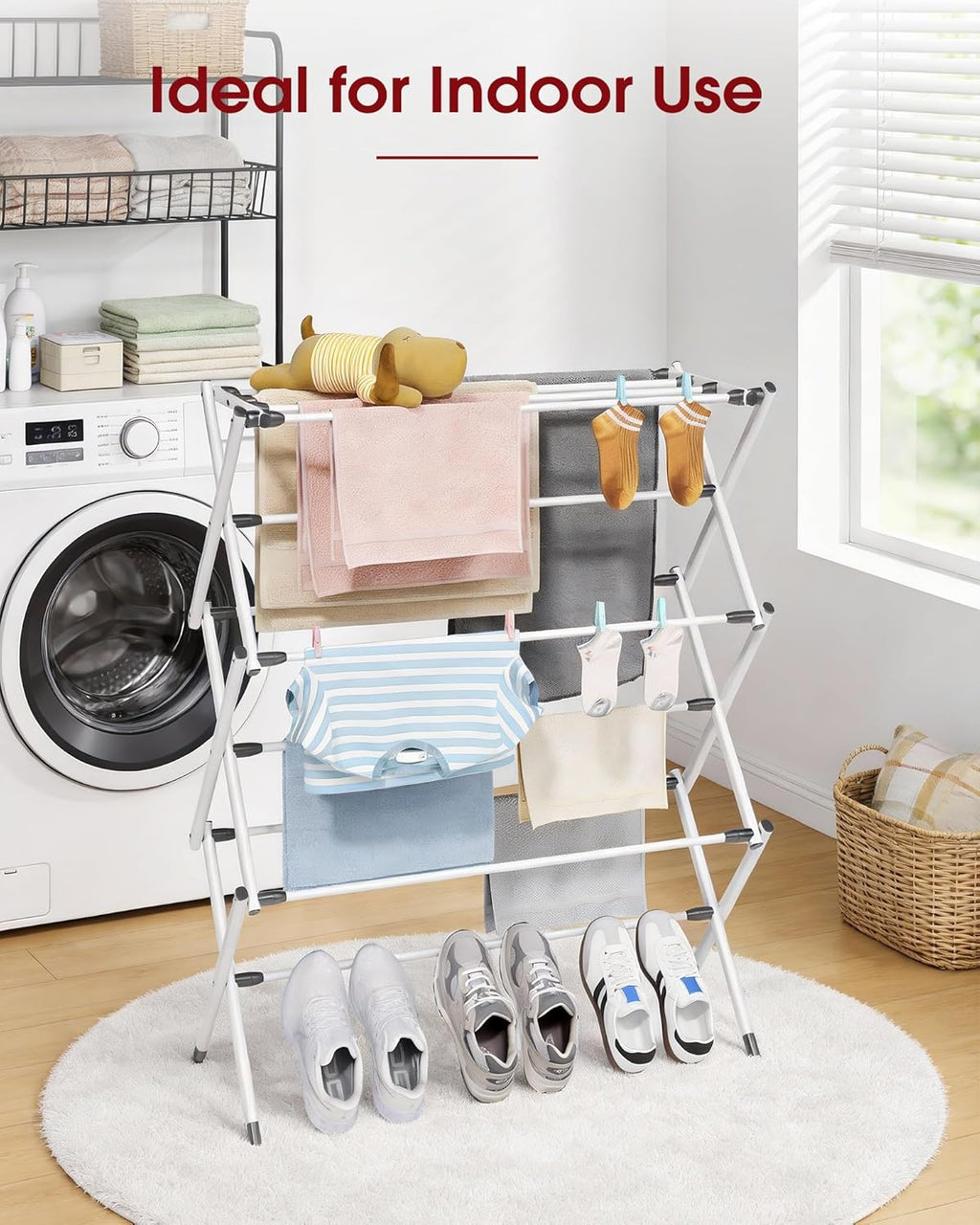 Sakugi Foldable Clothes Drying Rack - Space-Saving 3-Tier Metal Laundry Rack for Indoor & Outdoor Use | 11.4"D x 29.1"W x 37.4"H, White & Black