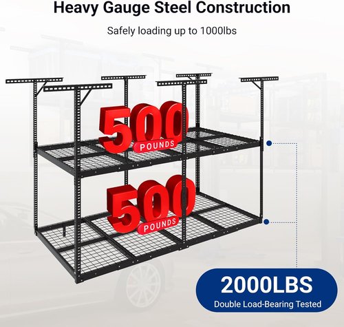 FLEXIMOUNTS 4x8 Overhead Garage Storage Rack - Adjustable Heavy-Duty Metal | 1000 lbs Capacity, Black