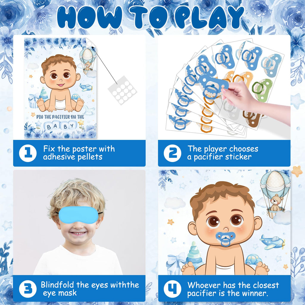 Pin The Pacifier On The Baby Game, Blue Baby Shower Decoration Pin Pacifier on Baby Poster Game with Poster 48 Pacifier Stickers Blindfold Game for Blue Bear Baby Shower Birthday Party Decorations