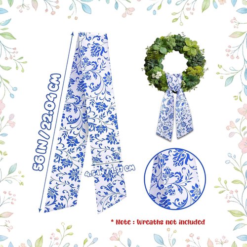 AZYM Wreath Sash Set - Elegant Blue Floral Ribbon for Indoor/Outdoor Door Decor | 2 Pcs