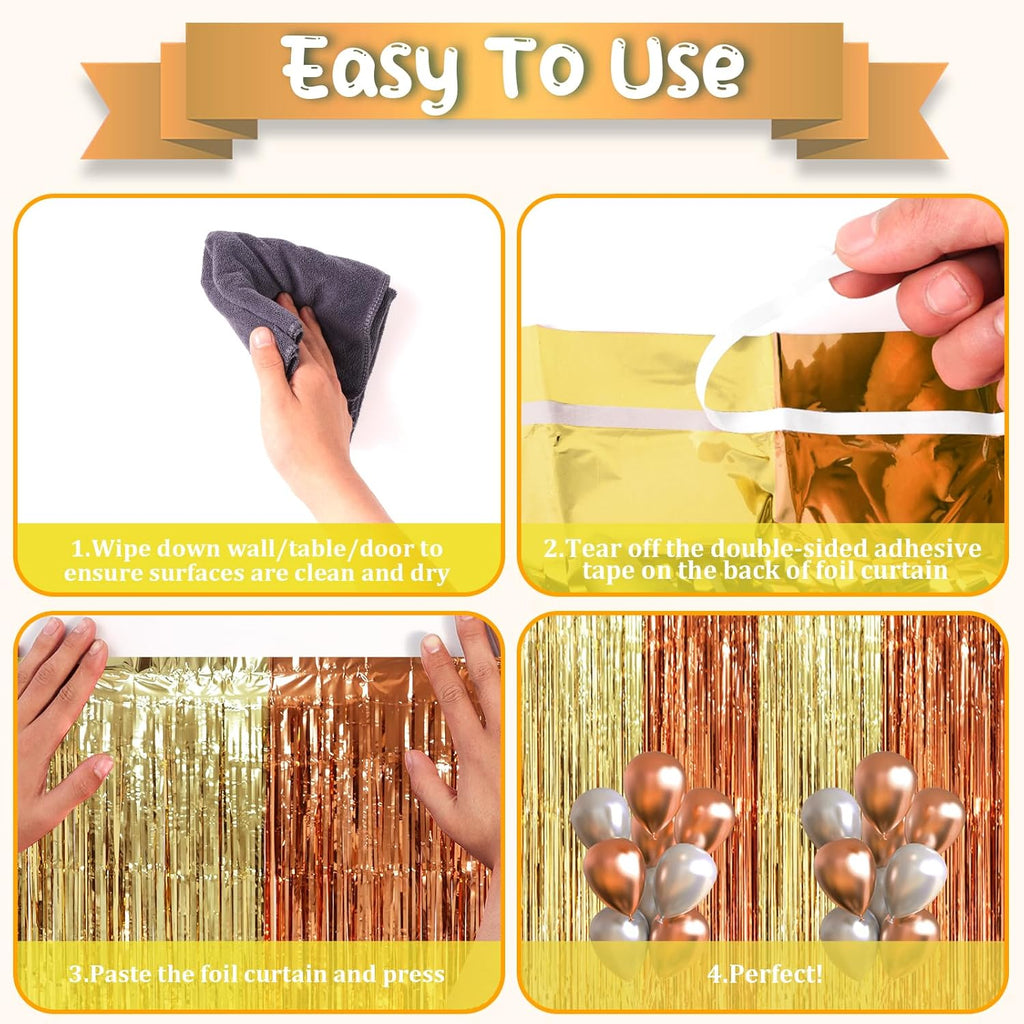 Voircoloria Foil Fringe Backdrop Curtains - 3 Pack of 3.3 x 8.2 ft Rose & Champion Tinsel Streamers for Parties