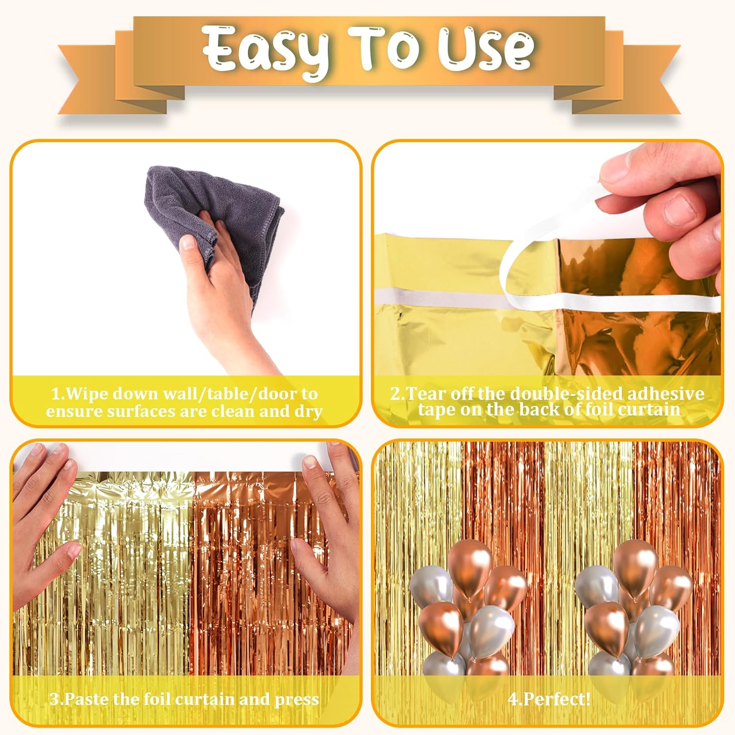 Voircoloria Foil Fringe Backdrop Curtains - 3 Pack of 3.3 x 8.2 ft Rose & Champion Tinsel Streamers for Parties