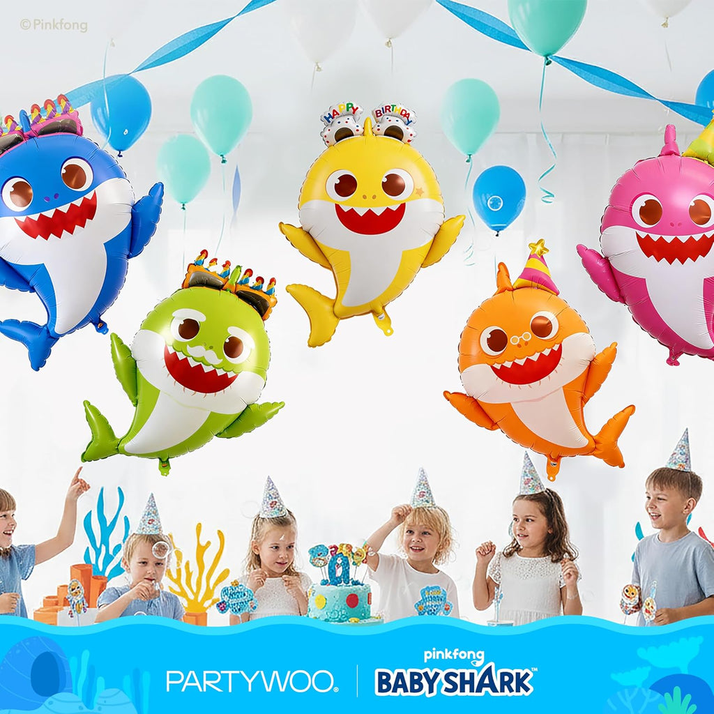 PartyWoo Baby Shark Family Foil Balloons - 5pcs Mylar Helium Birthday Decorations | 36-34-32 Inch Ocean Theme