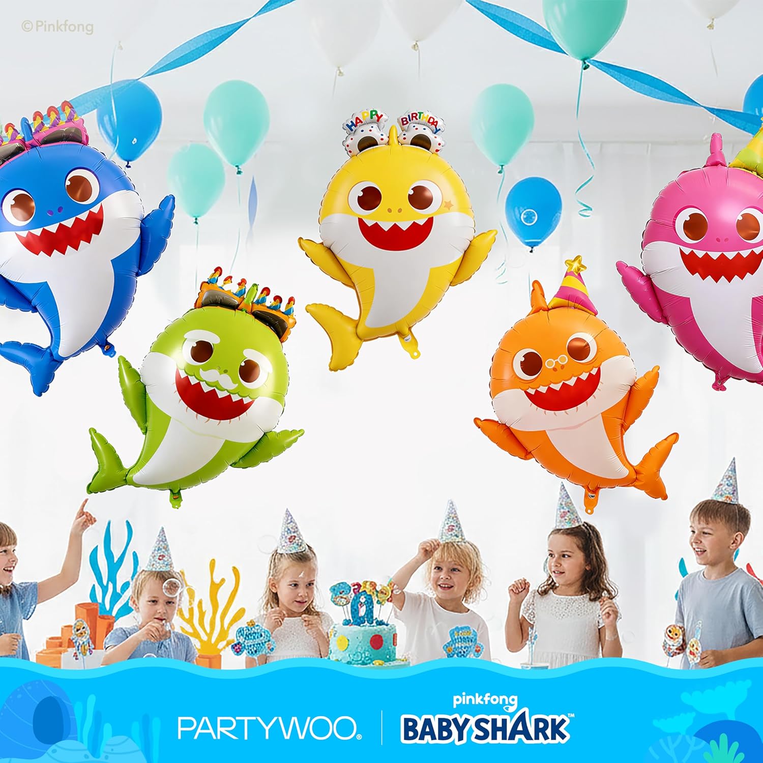 PartyWoo Baby Shark Family Foil Balloons - 5pcs Mylar Helium Birthday Decorations | 36-34-32 Inch Ocean Theme