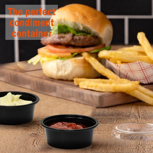 Galashield 2.5 oz Black Jello Shot Cups with Lids, 100 Pack - Small Disposable Plastic Portion Containers, Sauce Cups Condiment & Salad Dressing To Go