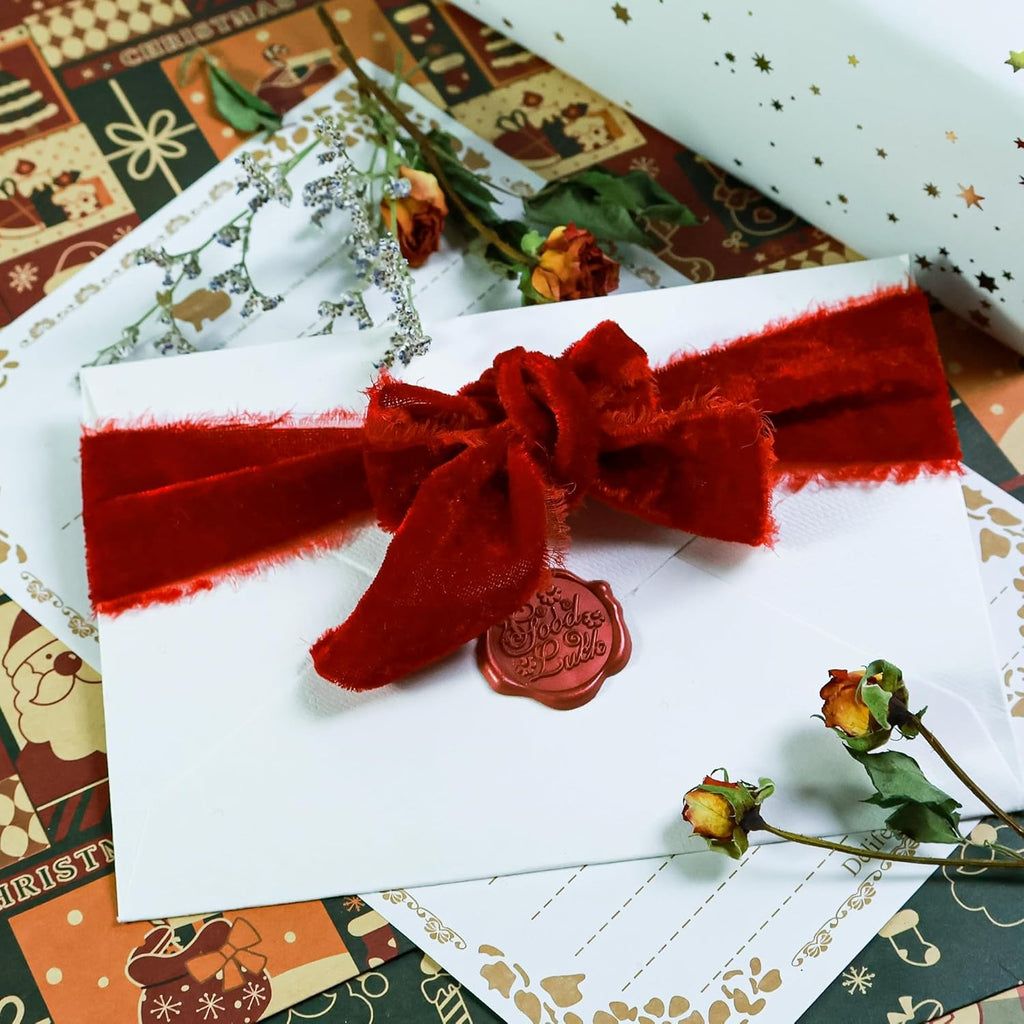 Red Velvet Ribbon - 1.5 Inch Handmade Silk Fabric, 5 Yards for Gift Wrapping, Bouquets & Ornaments