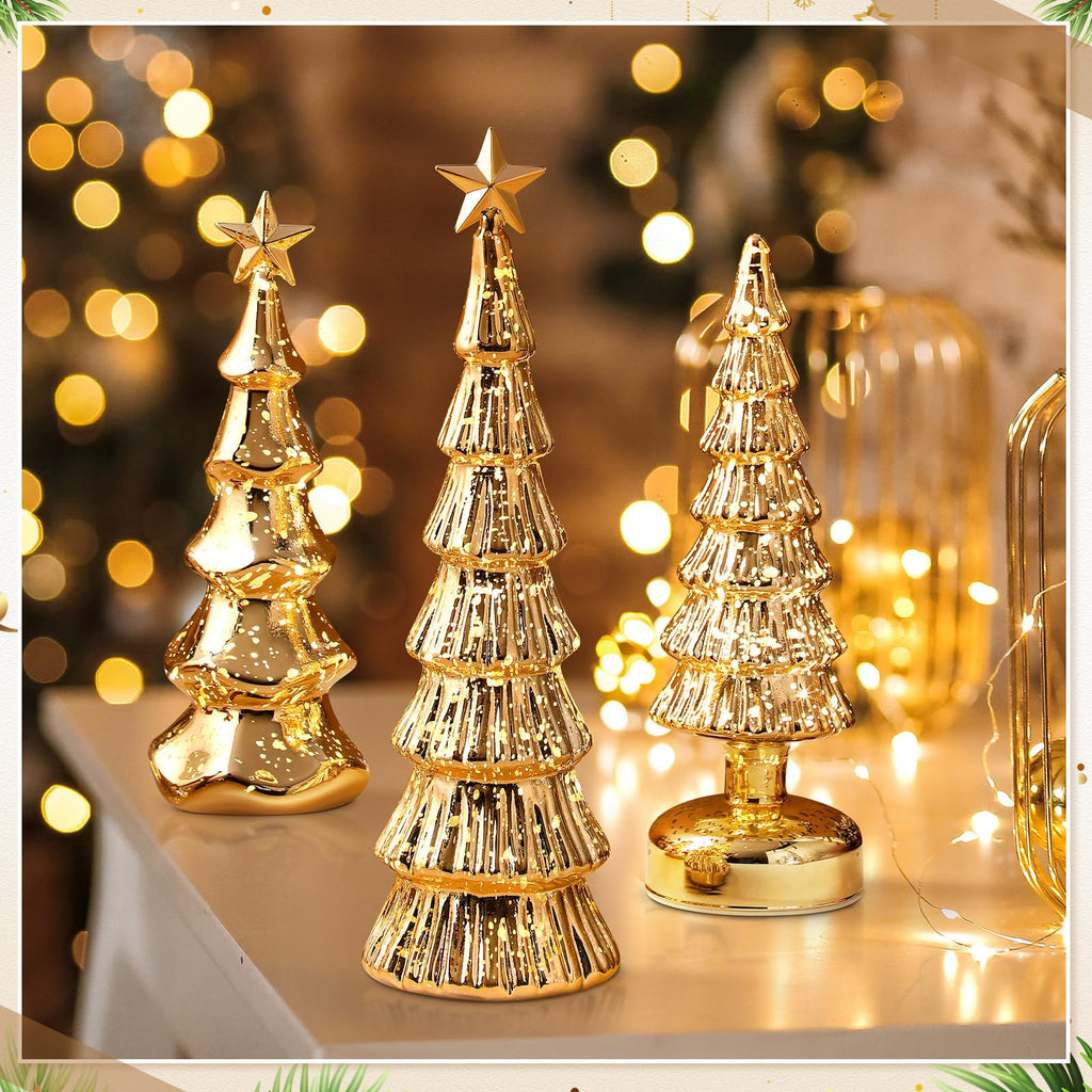 Funnymoom 3 Pack Glass Christmas Trees Decor Lighted Christmas Tree Tabletop Glitter Centerpiece Decoration Glass Xmas Tree Figurines Holiday Ornament for Table Mantle Fireplace(Gold,Classic)