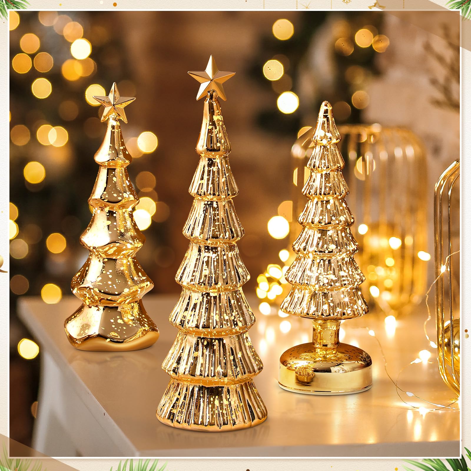 Funnymoom 3 Pack Glass Christmas Trees Decor Lighted Christmas Tree Tabletop Glitter Centerpiece Decoration Glass Xmas Tree Figurines Holiday Ornament for Table Mantle Fireplace(Gold,Classic)