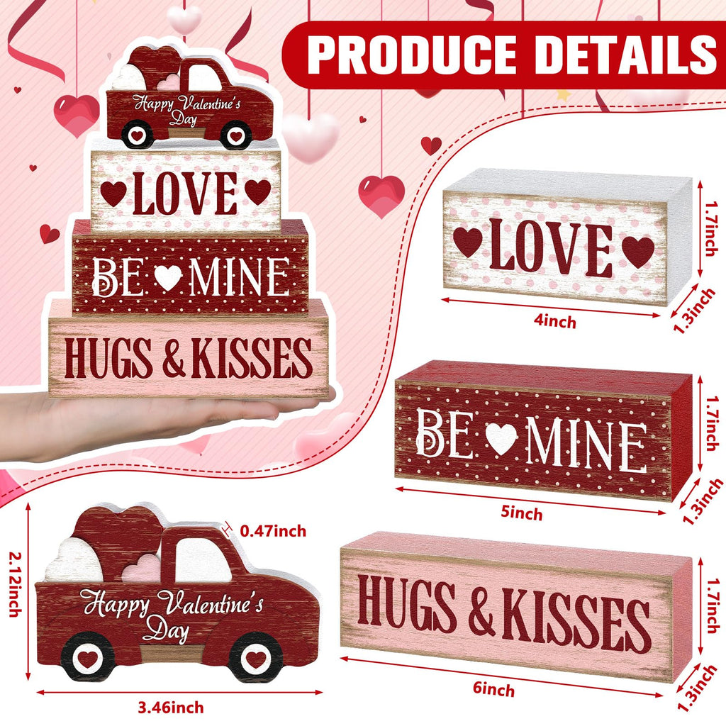 Marsui 4 Pcs Valentine's Day Decorations Truck Wooden Signs Rustic Distressed Table Decor Valentines Centerpieces Blocks Farmhouse Tiered Tray Decor Happy Valentine Day Decorations for Home Desk Shelf