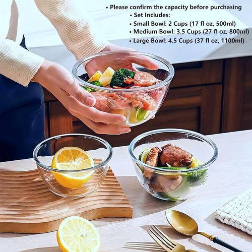 Borosilicate Glass Bowls Set by [Brand Name] - Sturdy, Stackable & Safe for Oven, Microwave, Dishwasher | 17, 27, 37 oz (Set of 3)
