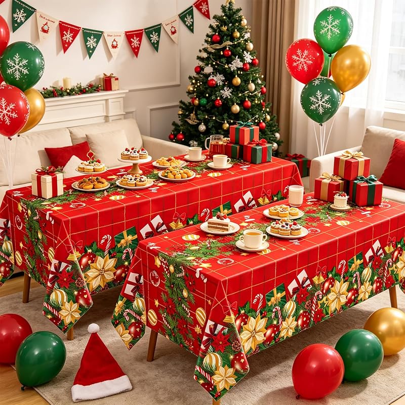 4 Pcs Christmas Poinsettia Plaid Tablecloth 51 x 86 inches - Red Holiday Plastic Table Cover (Variation of THIS listing: 1)