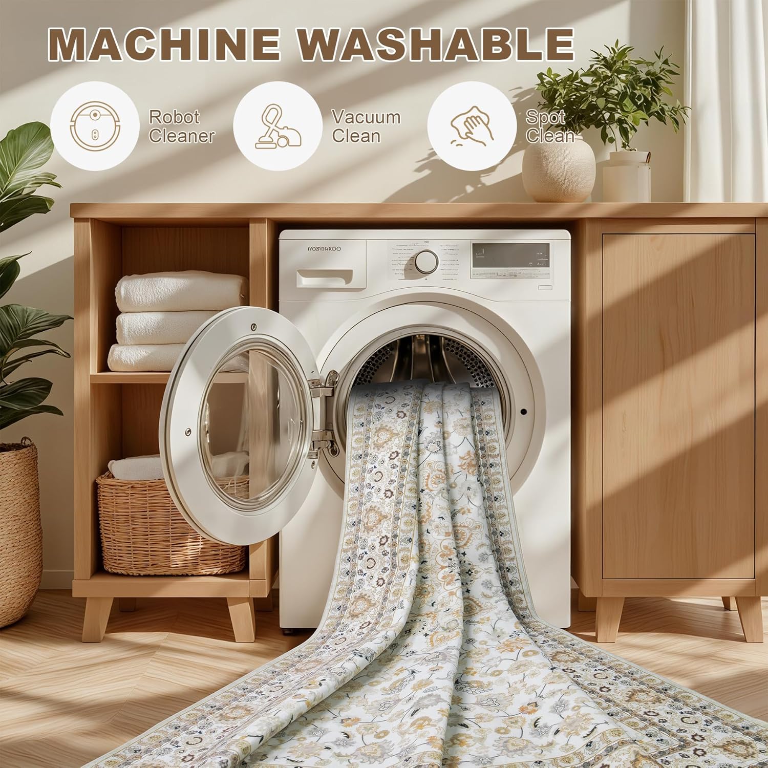 Skiennix 5x7 Area Rug - Washable Vintage Boho Design | Soft, Stain-Resistant Carpet for Living Room, Bedroom, and Office - Beige