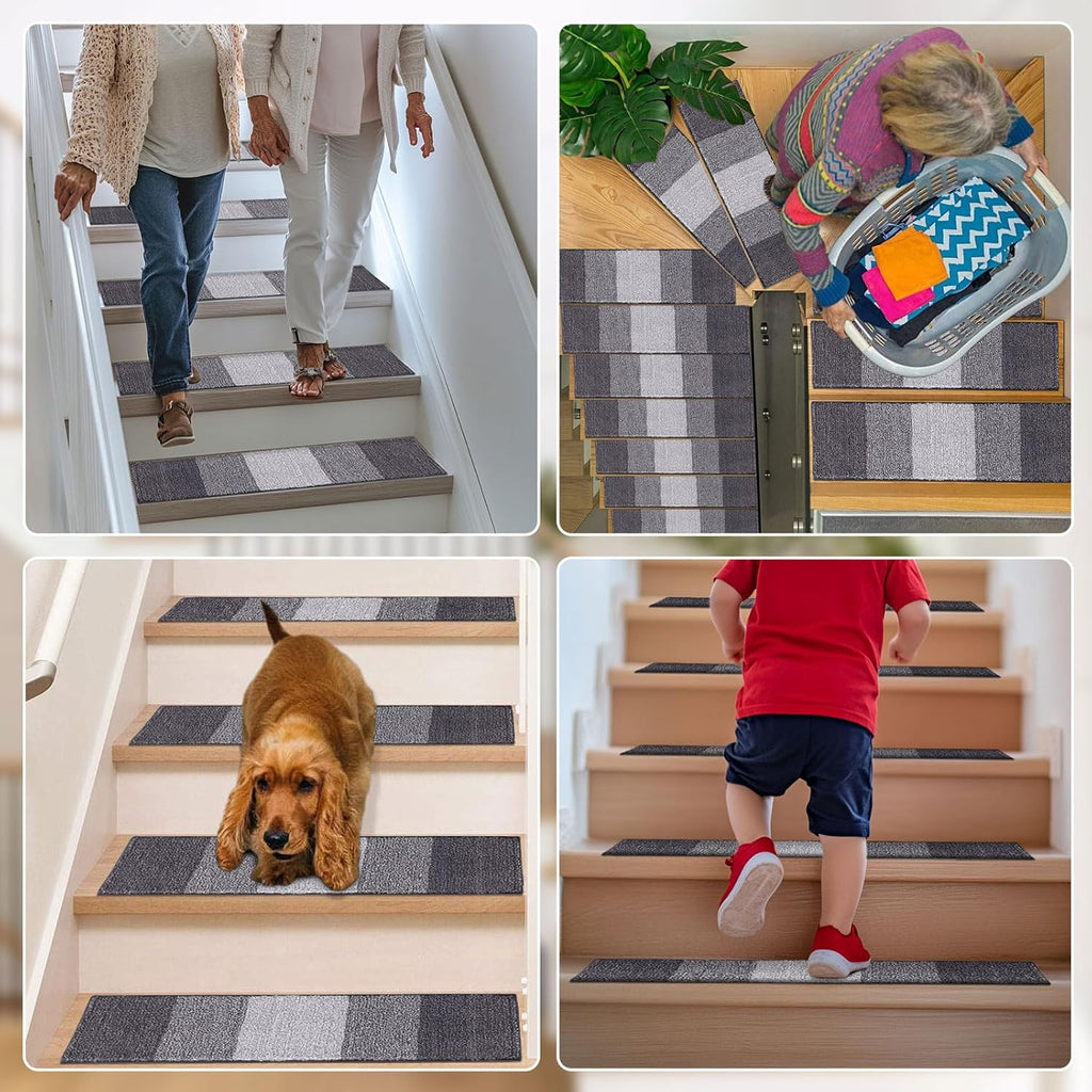 OLANLY Non-Slip Stair Treads - 15PCS Indoor Stair Runners for Wooden Steps | 8" x 30" Grey Edging Rugs with Reusable Peel and Stick Adhesive for Safety
