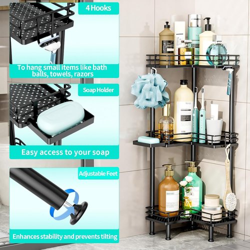 HapiRm Corner Shower Caddy - 3-Tier Rustproof Bathroom Organizer with Soap Holder & 4 Hooks, Black