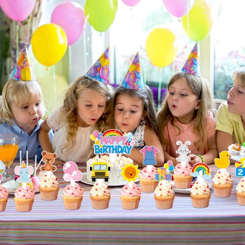 26Pcs Girls Happy Birthday Cupcake Toppers Cartoon Teacher Cupcake Picks Cartoon Girls Party Decorations Rainbow ABC Bus Double Sided Cake Decorations for Birthday Baby Shower Party Supplies