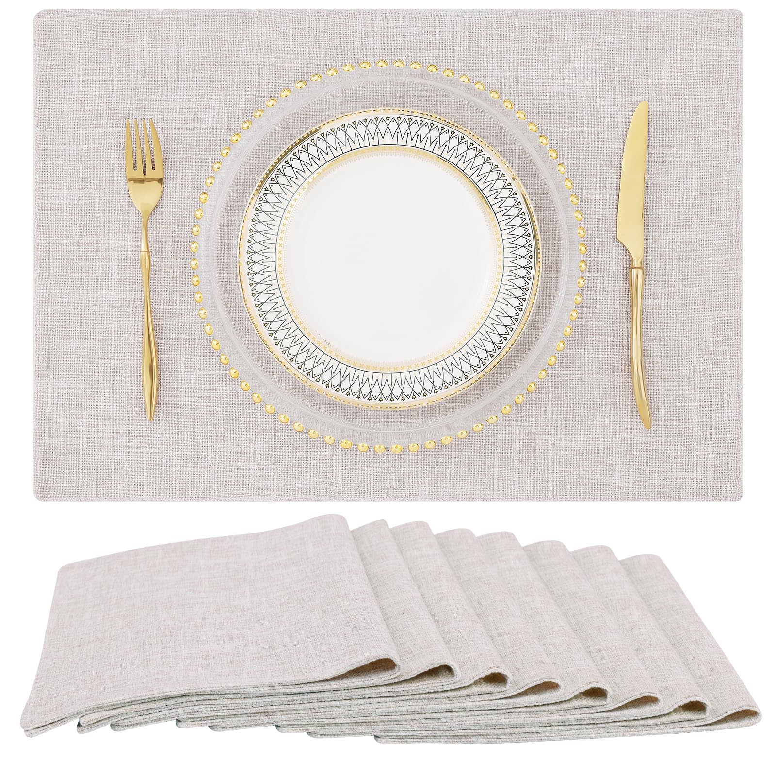 homing Faux Cotton Linen Placemats Set of 8, Cloth Washable Farmhouse Dining Table Mats for Indoors & Outdoors, Easy to Clean, Neutral Beige, 13 x 19 Inch