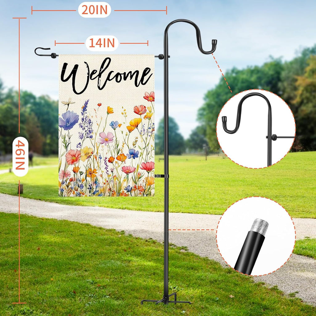 Skiennix Garden Flag Stand - Heavy Duty Holder for 12x18 Flags | 46-Inch Shepherd Hook for Patio & Yard Decor