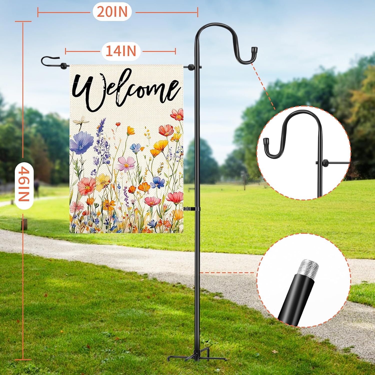 Skiennix Garden Flag Stand - Heavy Duty Holder for 12x18 Flags | 46-Inch Shepherd Hook for Patio & Yard Decor
