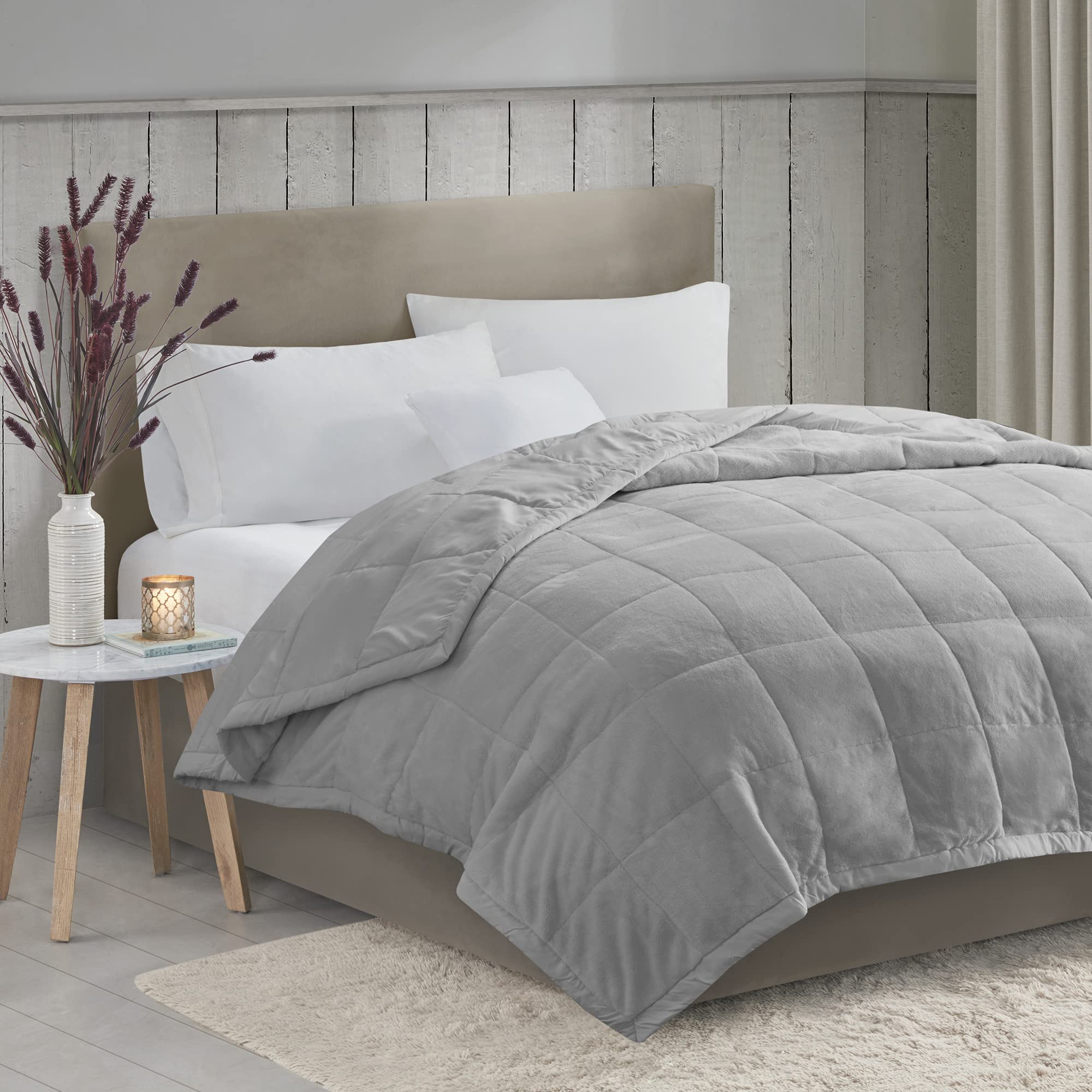 Madison Park Twin Cozy Blanket HeiQ Smart Temperature Plush to Microfiber Reverse Box Quilting, Reversible, Soft All Season, Lightweight Summer Cover, for Bed, Couch and Sofa, Twin/Twin XL, Grey