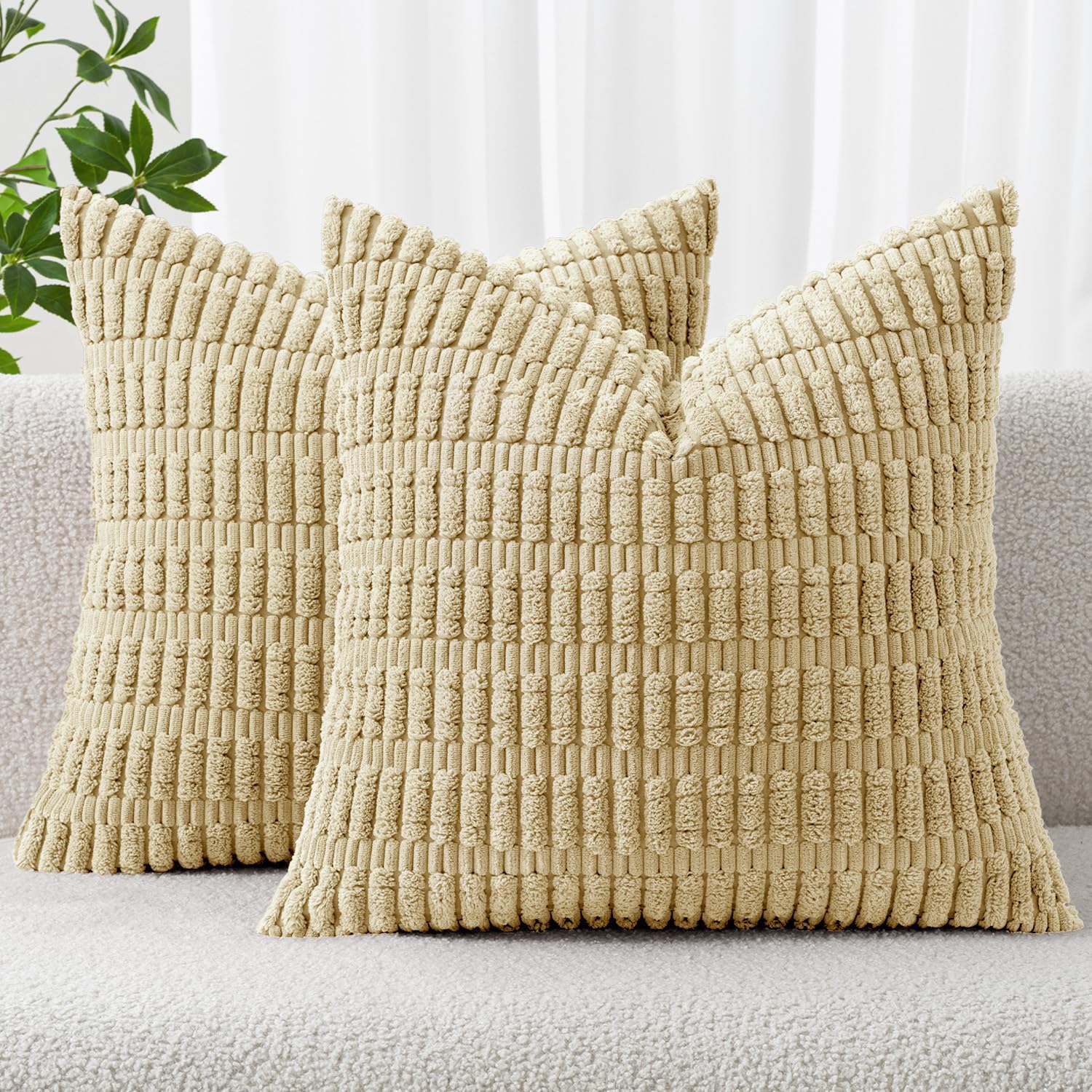 MIULEE Corduroy Throw Pillow Covers - Soft Boho Striped Design | 16x16 Inch Beige for Modern Home Decor