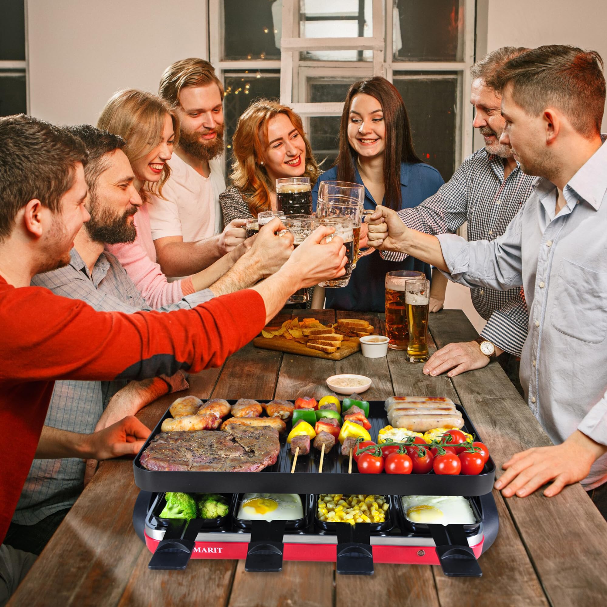 TAMARIT Classic 8 Person Raclette Grill 1500W Electric Tabletop Griddle with Reversible Plate, 8 Non-Stick Cheese Trays and Spatulas Indoor Portable Korean BBQ Barbecue Party Grill Red