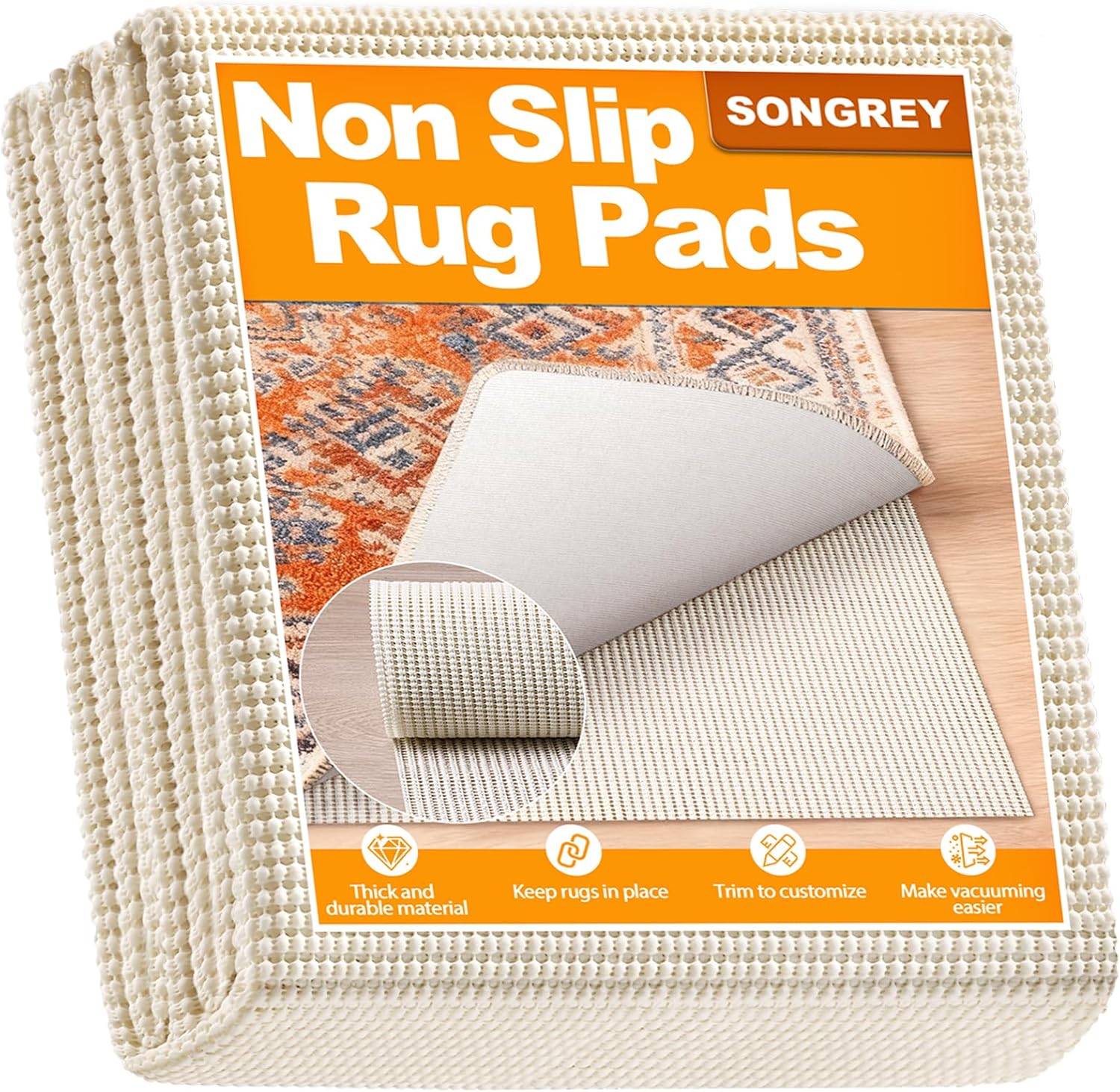 Songrey Non-Slip Rug Pad Gripper - Extra Thick 2x3 FT Carpet Pad for Hard Surfaces | Prevents Sliding & Protects Floors