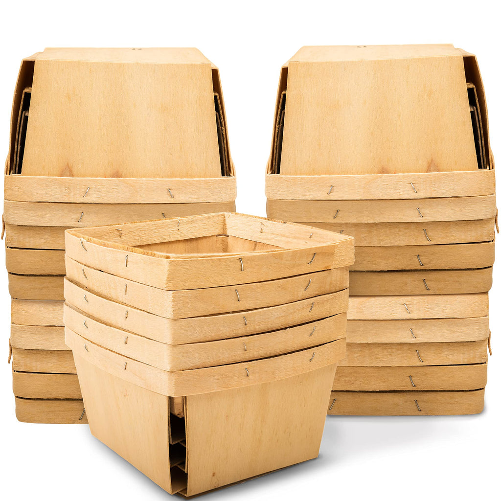 Top Home Store One Quart Wooden Gift Baskets (25 Pack); for Picking Fruit or Arts, Crafts and Decor; 5.75” Square Vented Wood Boxes