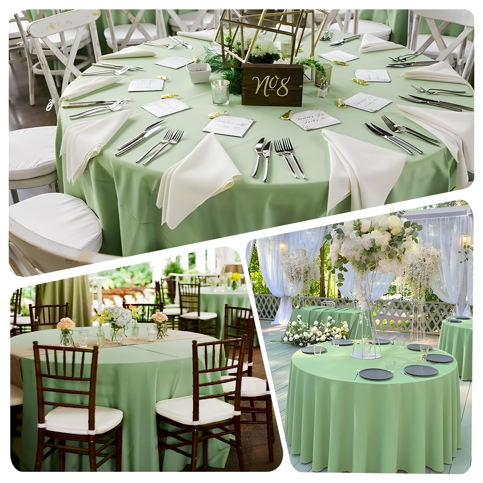 pepmily 8 Pack Light Green Round Tablecloth 120 Inch Round Table Cloth, Wrinkle Resistant and Washable Tablecloth Polyester Fabric Table Cloth Round Cover for Dining Wedding Banquet Party