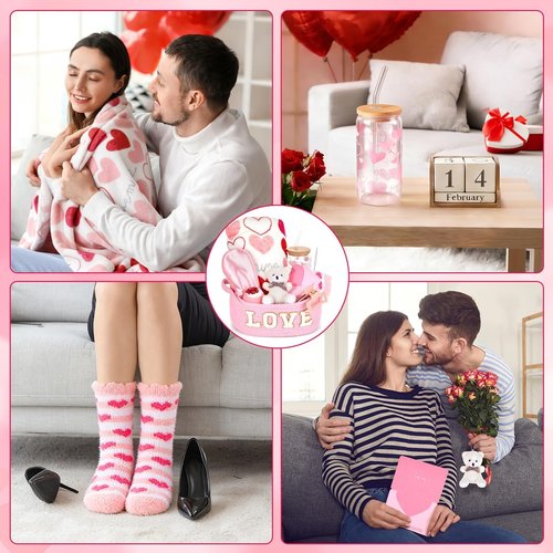 12 Pcs Valentine's Day Woven Basket Gift Set Romantic Spa Relaxation Basket Set for Her Self Care Package with Heart Blanket Socks Bath Salt Ball Glass Cup Bear for Women Girlfriend Wife Mom (Pink)