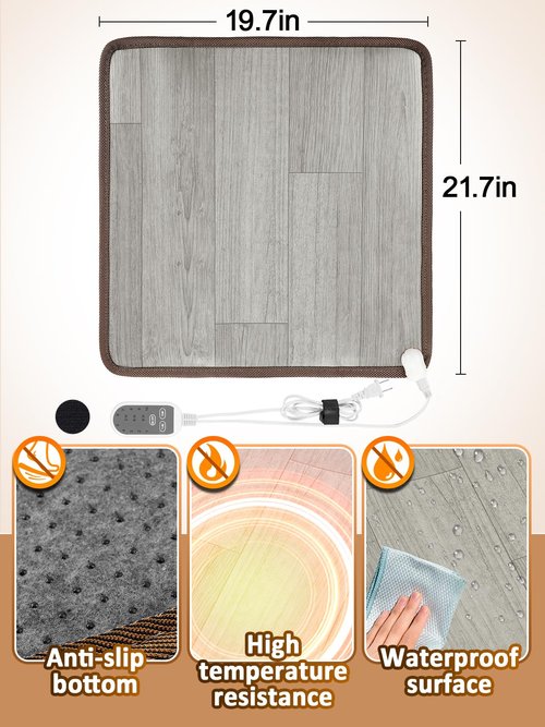 19.7x21.7in Heated Floor Mat - Foot Warmer Under Desk, 110V Electric Heating Pad with 3 Timers & 10 Adjustable Temperatures for Winter Home Office (Gray)