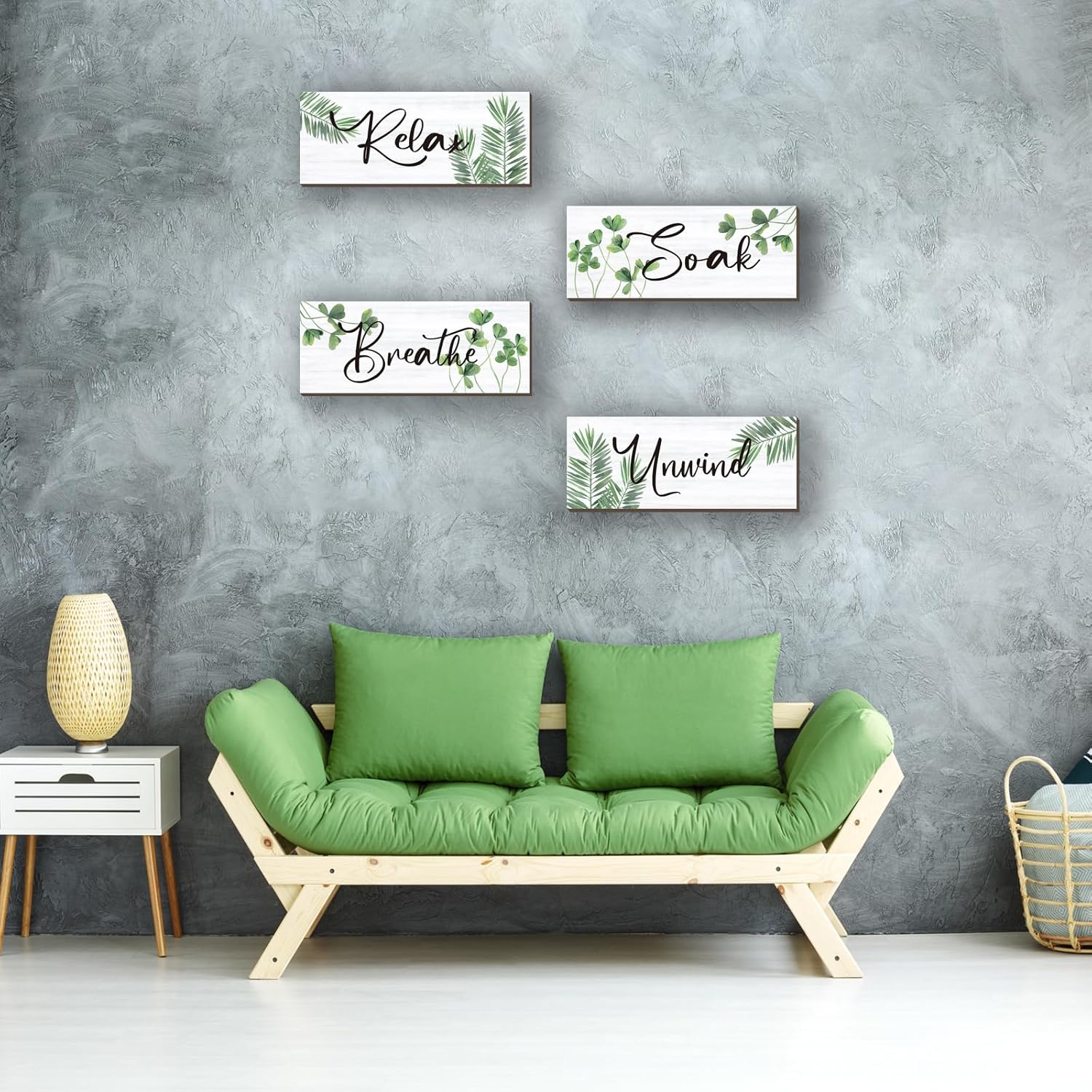 Skiennix Farmhouse Bathroom Wall Decor - Relax, Soak, Unwind Wooden Signs | Green Leaves 10x4 Inch