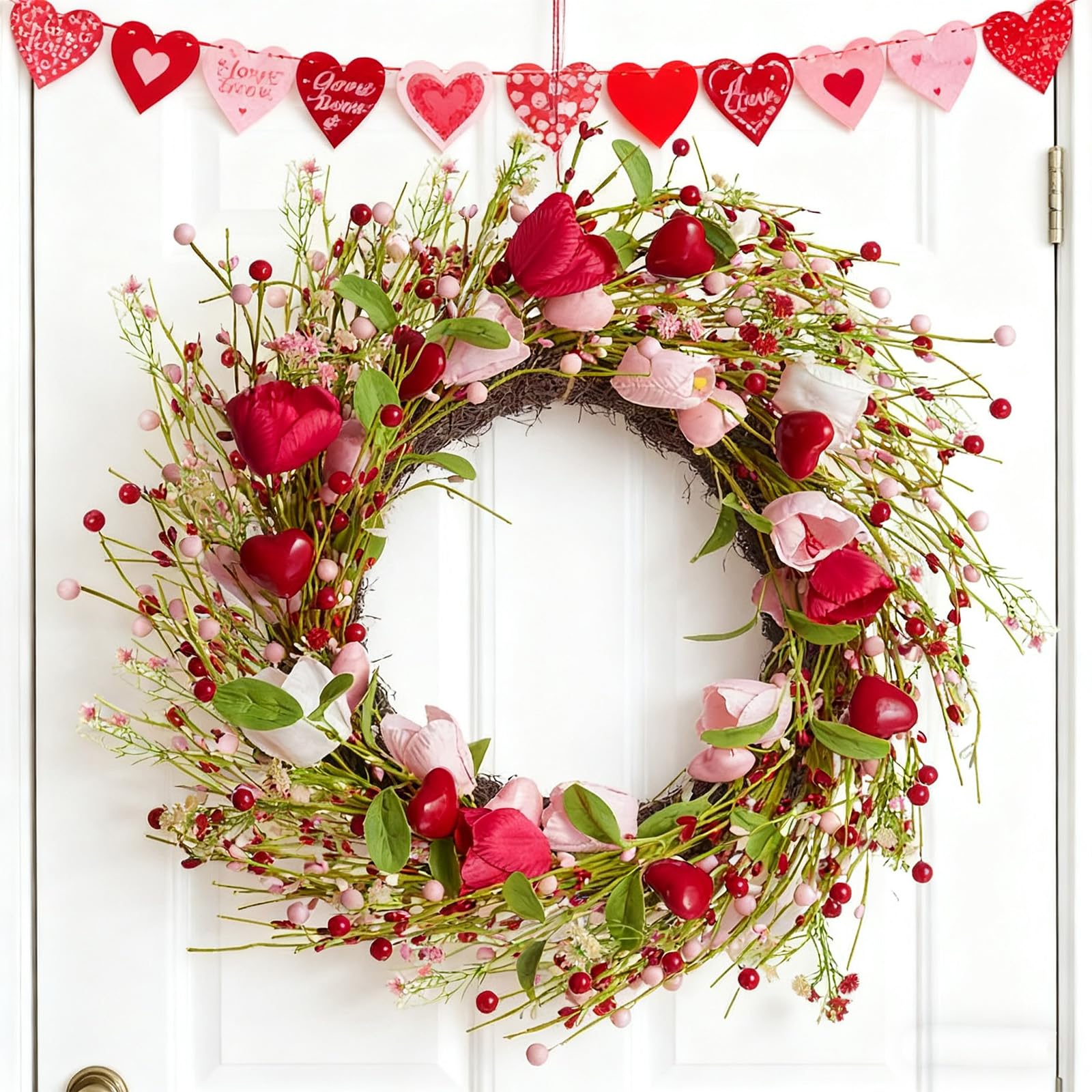 WDS WONDROUS 18.8 Inch Valentine's Day Wreath, Red Pink White Tulip Heart Wreath for Front Door Decor, Spring Wedding Anniversary Party Decoration