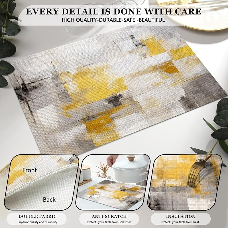 Table Runner & 6 Placemats Set - Yellow 70"X13" Runner + 18"X12" Placemats, Abstract Grey Linen