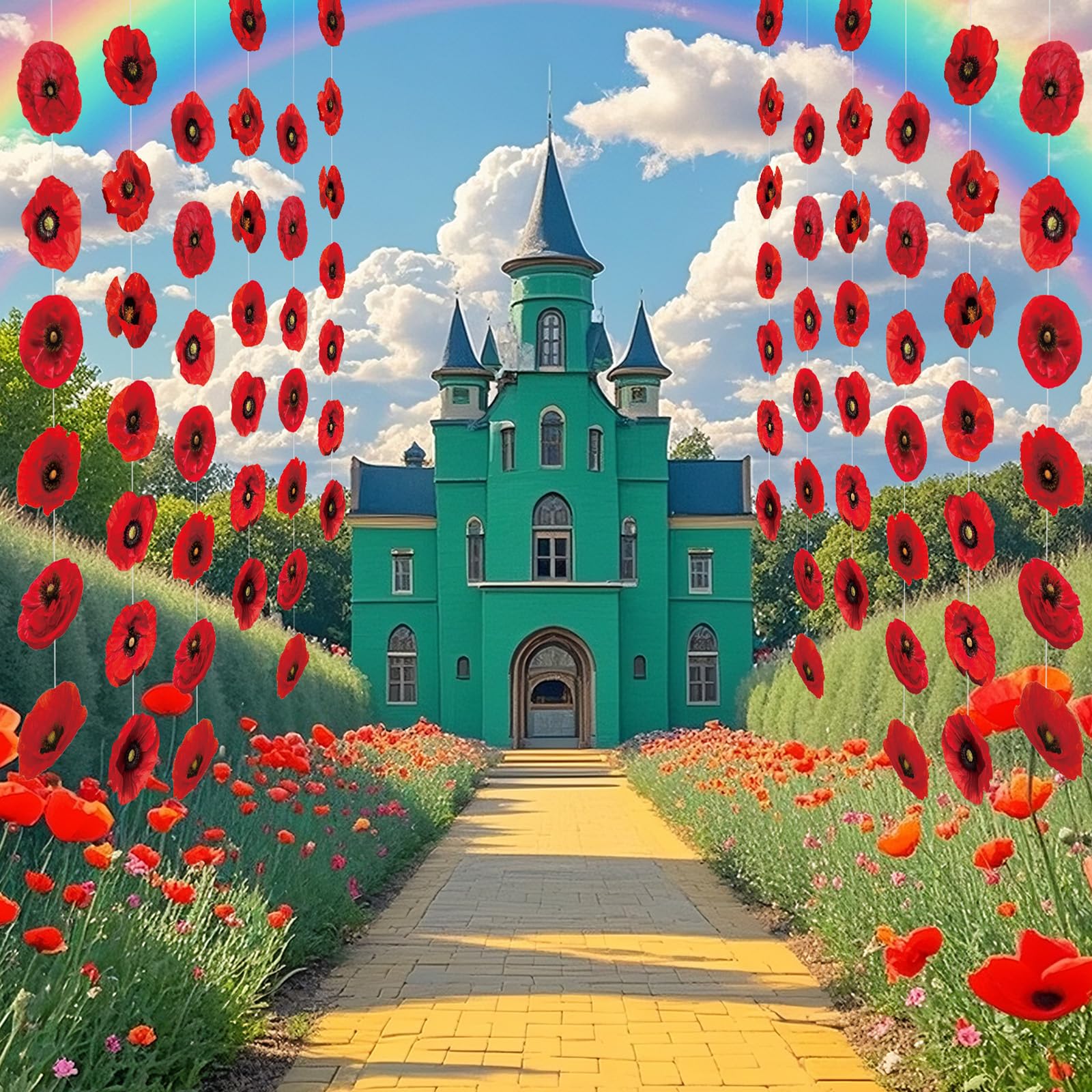 Fullhawl 8 Pieces Wizard Themed Party Decorations Artificial Poppy Flowers Paper Garlands Red Flower Hanging Banners Poppy Cutouts for Wizard Themed Birthday Memorial Day Party Favor Supplies