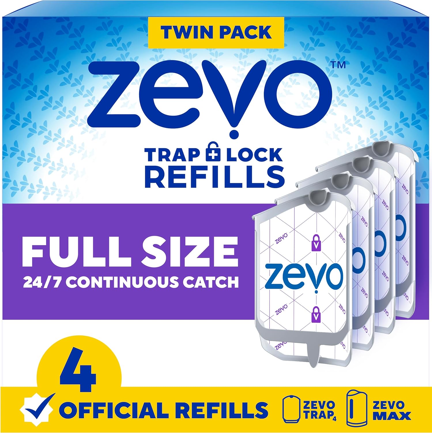 Zevo Flying Insect Trap Refill Cartridges - Compatible with Zevo & MAX Traps | Trap+Lock Technology for Gnats, House & Fruit Flies (4 Pack)