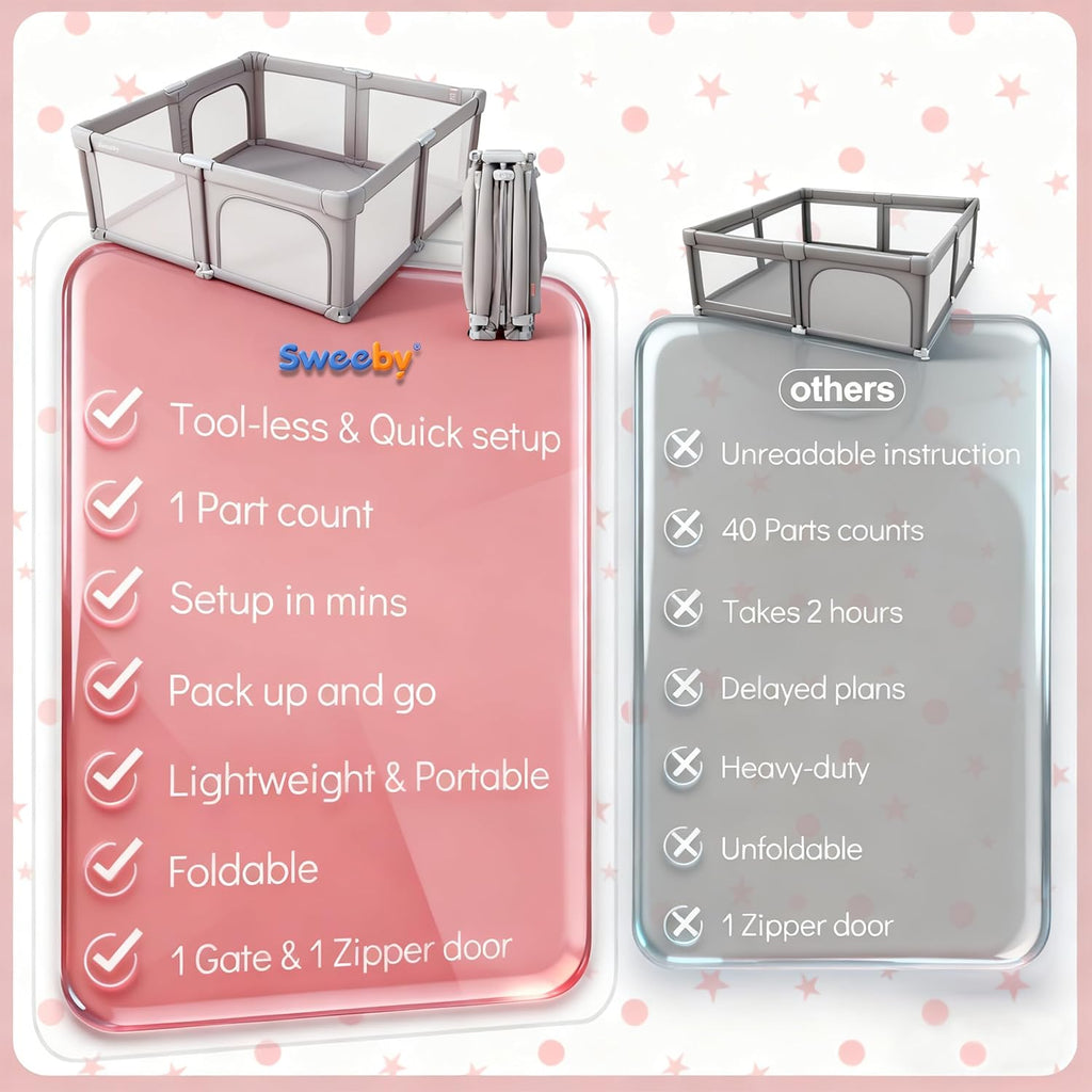 Sweeby Baby Playpen - Extra Large 59x59 Inch Foldable Play Yard with Door | Gray Indoor/Outdoor Fence