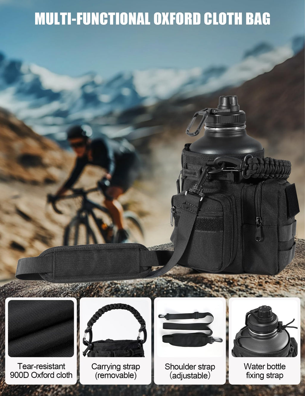 banloga Tactical Half Gallon Water Bottle with Straw, 64 Oz Insulated Water Jug with Molle Water Bottle Holder, Stainless Steel Sport Bottle with 3 BPA Free Lids for Gym Workout Hiking (Black)