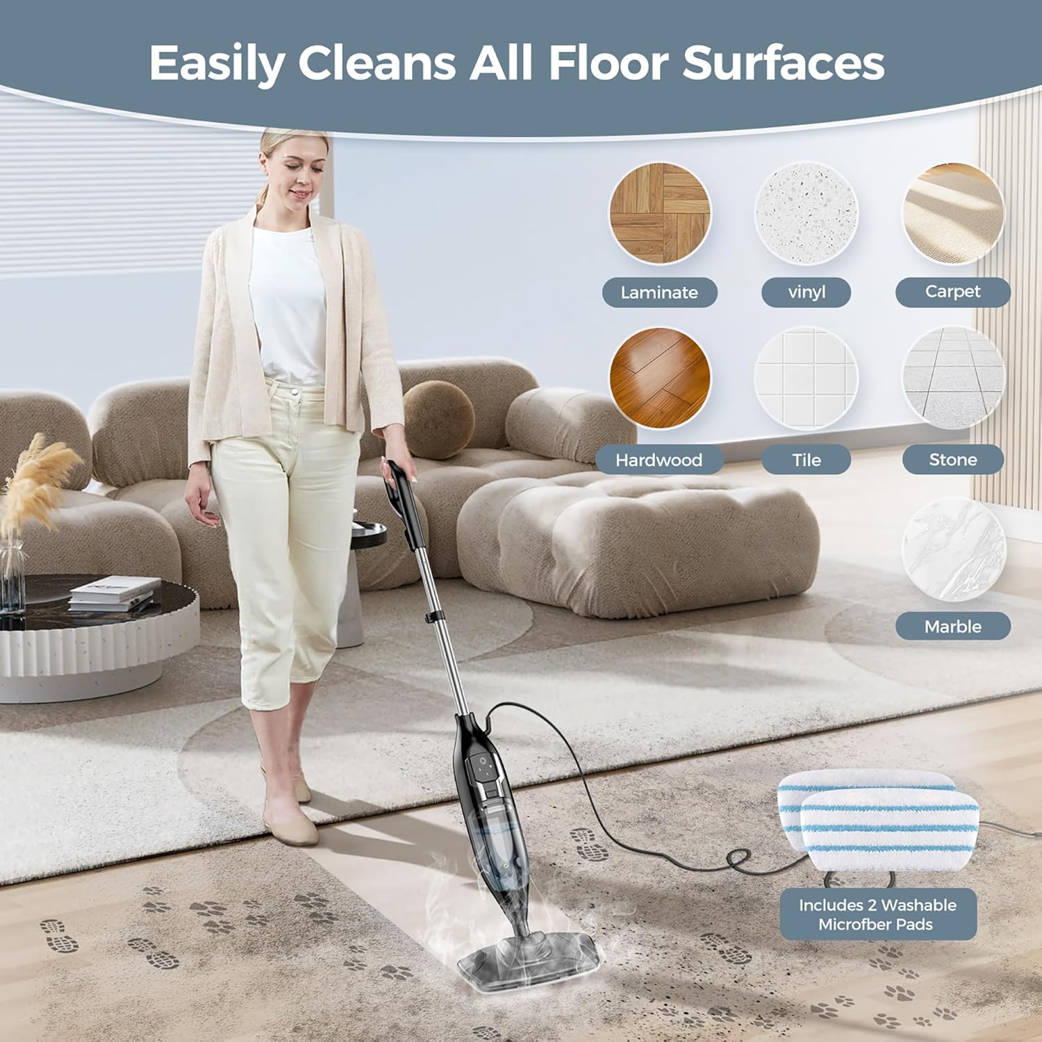 Skiennix 12-in-1 Steam Mop - Powerful Handheld Cleaner with 565ML Tank & 23FT Cable for Hardwood, Tile, Grout & Furniture