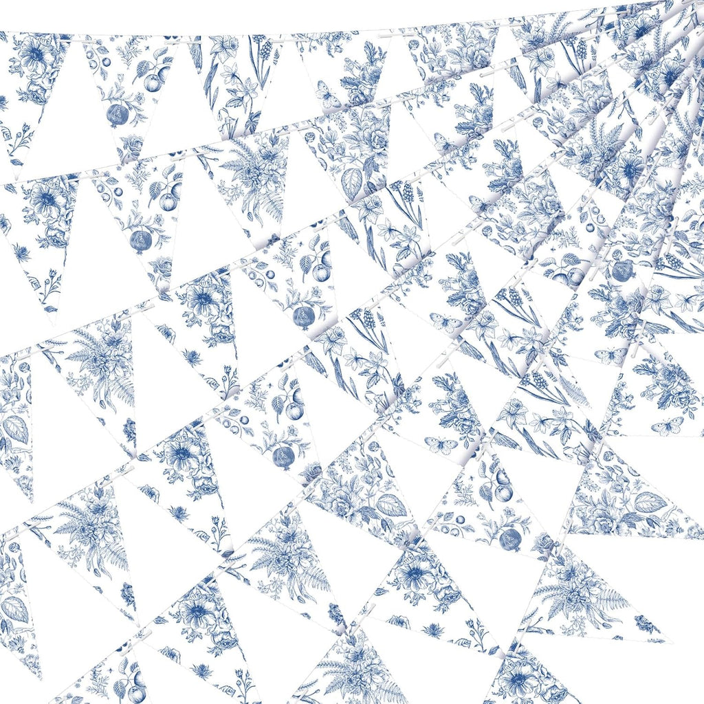 Skiennix Vintage Floral Paper Pennant Garland - 5 Pieces Blue & White Triangle Banner for Weddings & Showers