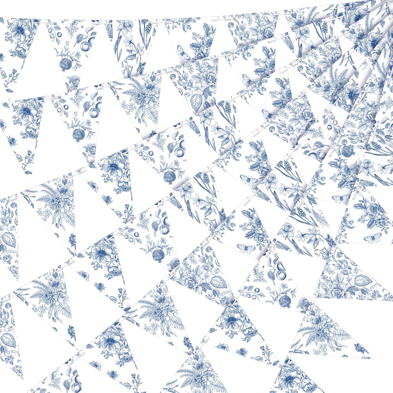 Skiennix Vintage Floral Paper Pennant Garland - 5 Pieces Blue & White Triangle Banner for Weddings & Showers
