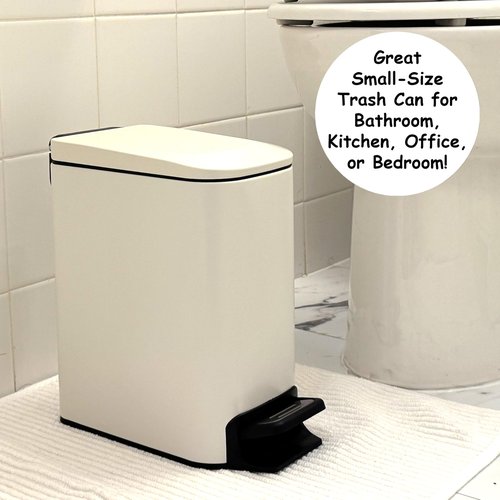 Homie Soft Close, Slim Trash Can 6 Liter / 1.6 Gallon with Anti - Bag Slip Liner and Lid, Use as Mini Garbage Basket, Slim Dust Bin, or Decor in Bathroom, Restroom, Kitchen, or Bedroom (Matte White)