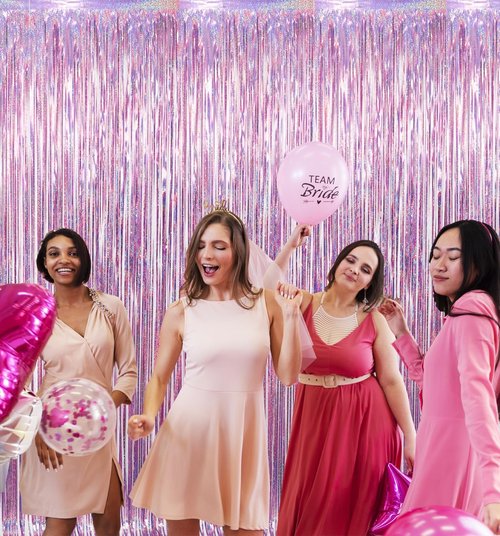 GOER Metallic Tinsel Foil Fringe Curtains - 3.2 ft x 8.2 ft | Perfect for Birthday, Graduation & Wedding Decor (4 Packs, Laser Pink)