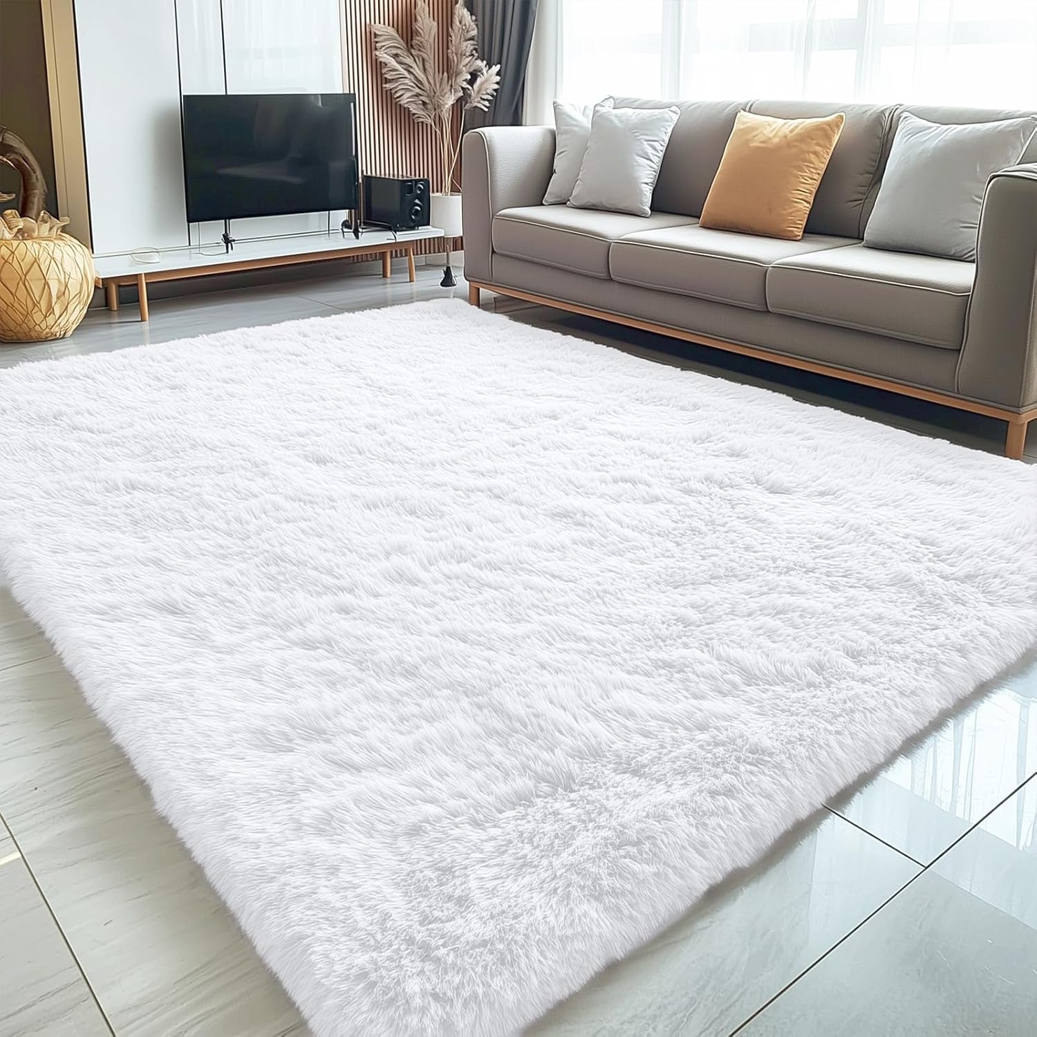 OLANLY Area Rugs - Soft Fluffy Shaggy Indoor Carpet for Living Room & Bedroom | 5x6 ft, White