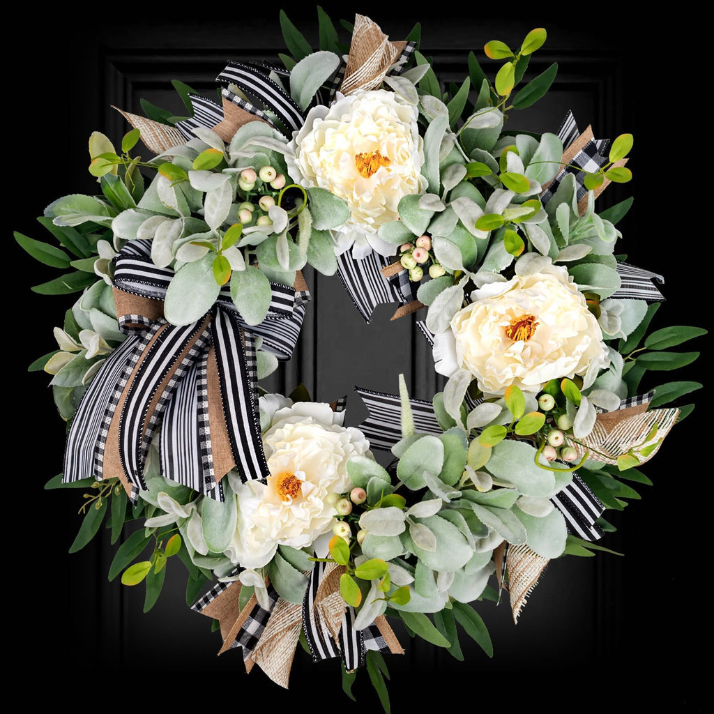 Lambs Ear Wreaths for Front Door Year Round Outside, 20'' Artificial Spring Summer Wreath with Peony Buffalo Bow Green Handmade Farmhouse Home Decor
