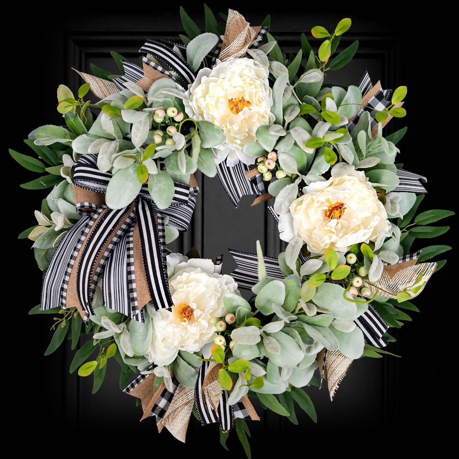 Lambs Ear Wreaths for Front Door Year Round Outside, 20'' Artificial Spring Summer Wreath with Peony Buffalo Bow Green Handmade Farmhouse Home Decor
