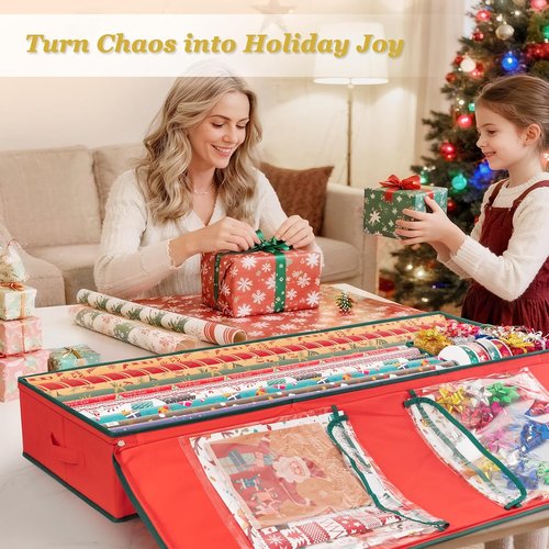 Criusia Gift Wrapping Paper Organizer - Durable Underbed Storage for 24 Rolls with Removable Dividers & Pockets | Red