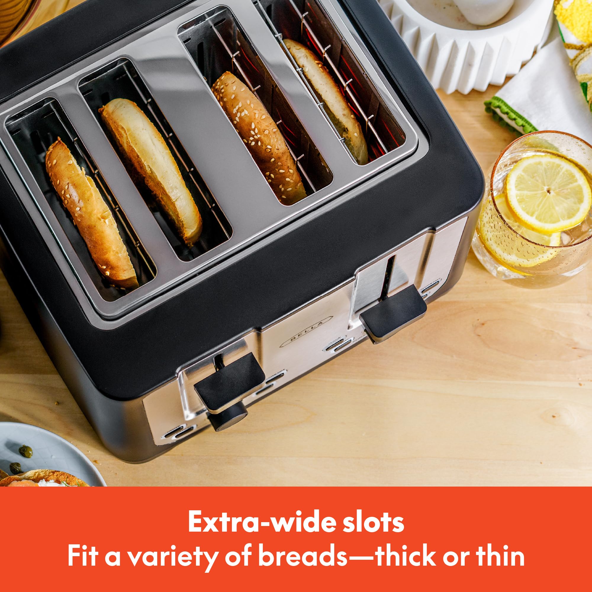 bella 4 Slice Toaster with Auto Shut Off, Extra Wide Slots & Removable Crumb Tray and Cancel, Defrost & Reheat Function, Toast Bread & Bagel, Black