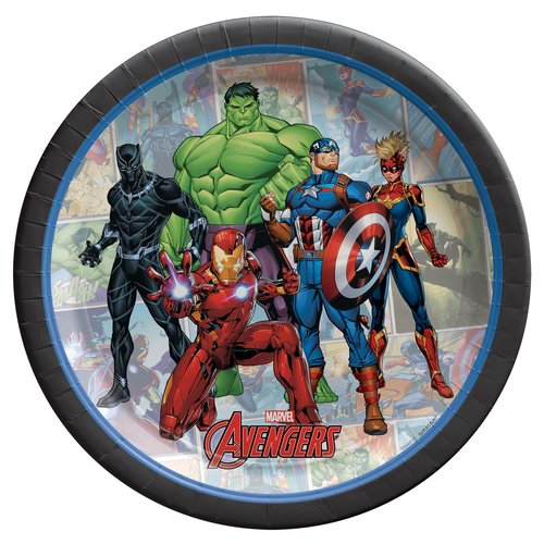 Avengers Birthday Party Supplies Bundle includes Dessert Cake Paper Plates and 1 Dinosaur Sticker Sheet