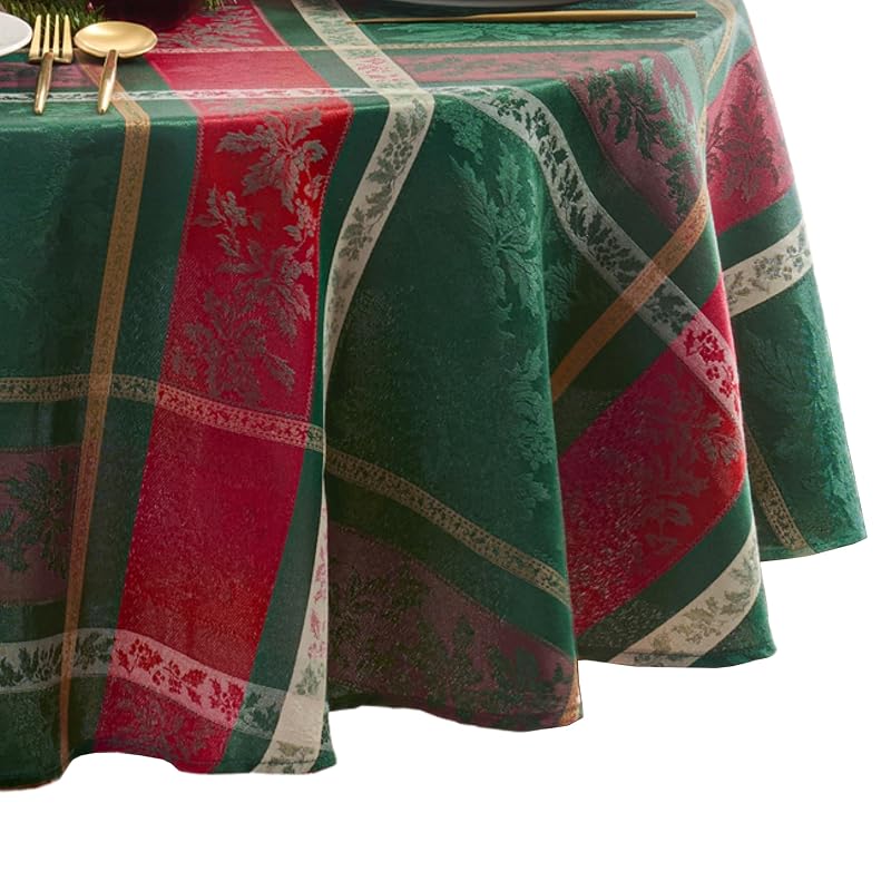 Merry and Festive Jacquard Tablecloth - 70in Round, Multicolor (Variation: Merry & Festive+70" Round)
